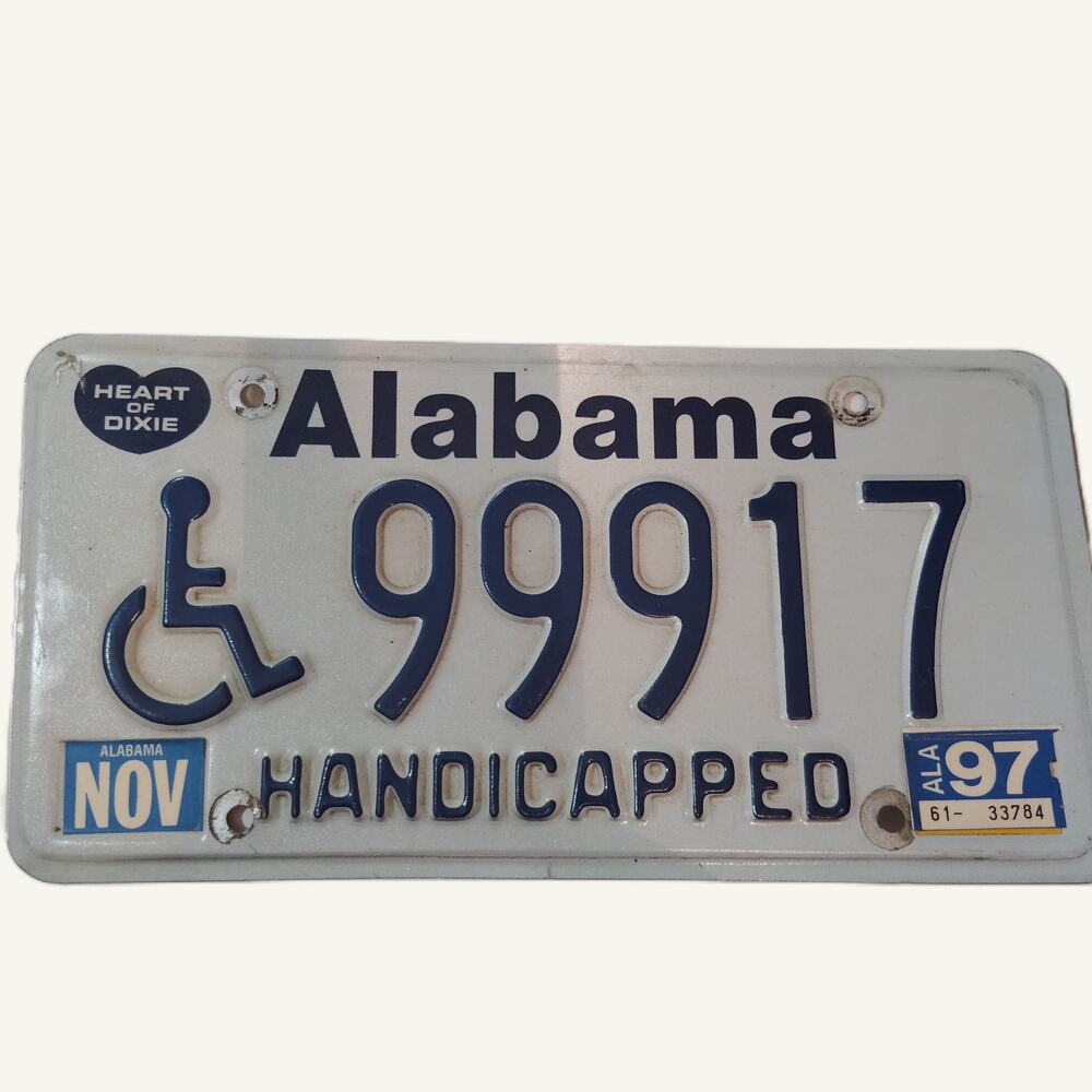 Vintage 1997 Alabama Handicapped License Plate - White & Blue Heart of Dixie